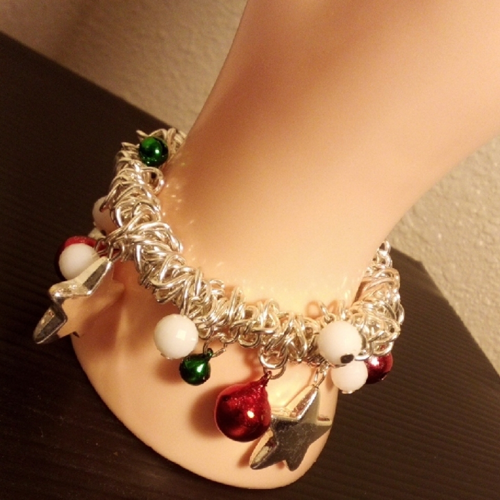 Silver Charm Bracelet with Red, Green & White Accents